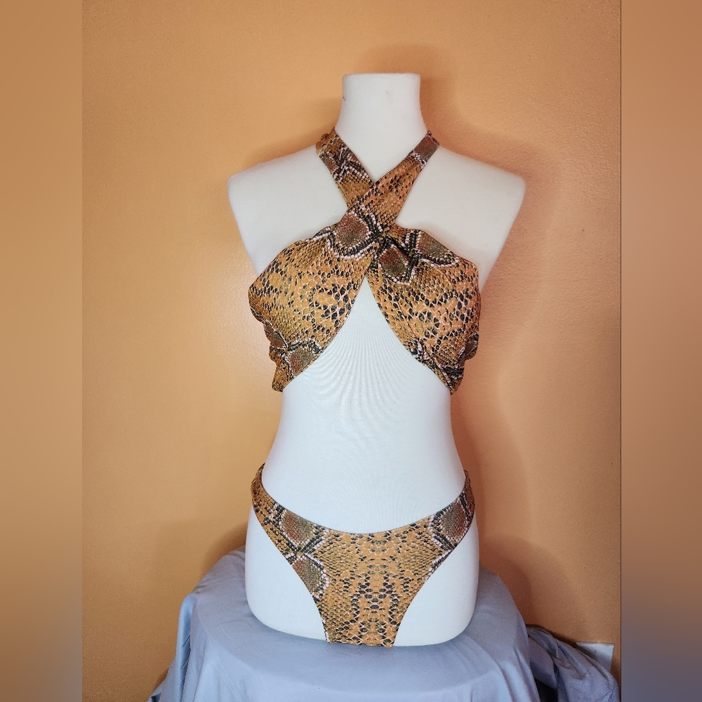 Snakeskin Print Cross Halter Bikini Size S